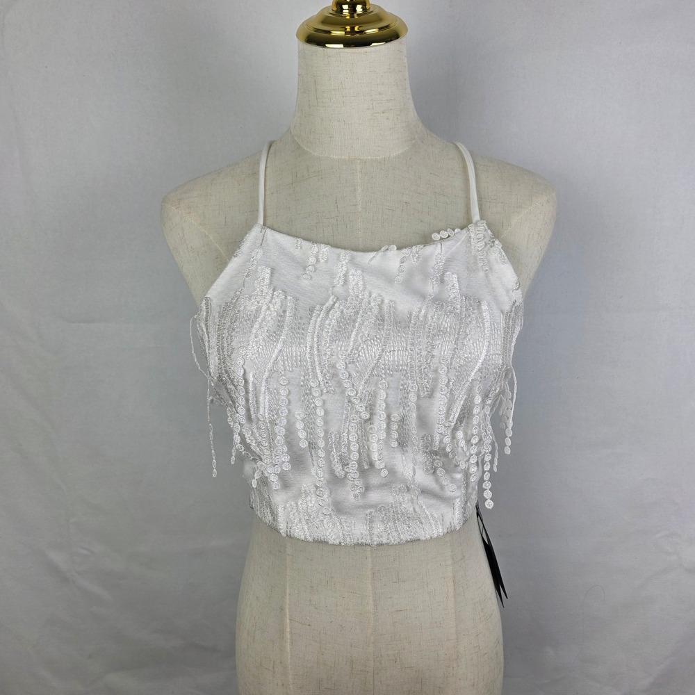 Lulus White Embroidered Fringe Lace Tie Back Crop Top Small NEW